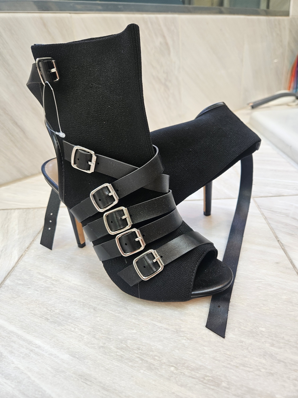 Nicole Miller Black Strappy Buckle Stiletto Booties, Size 7. NW